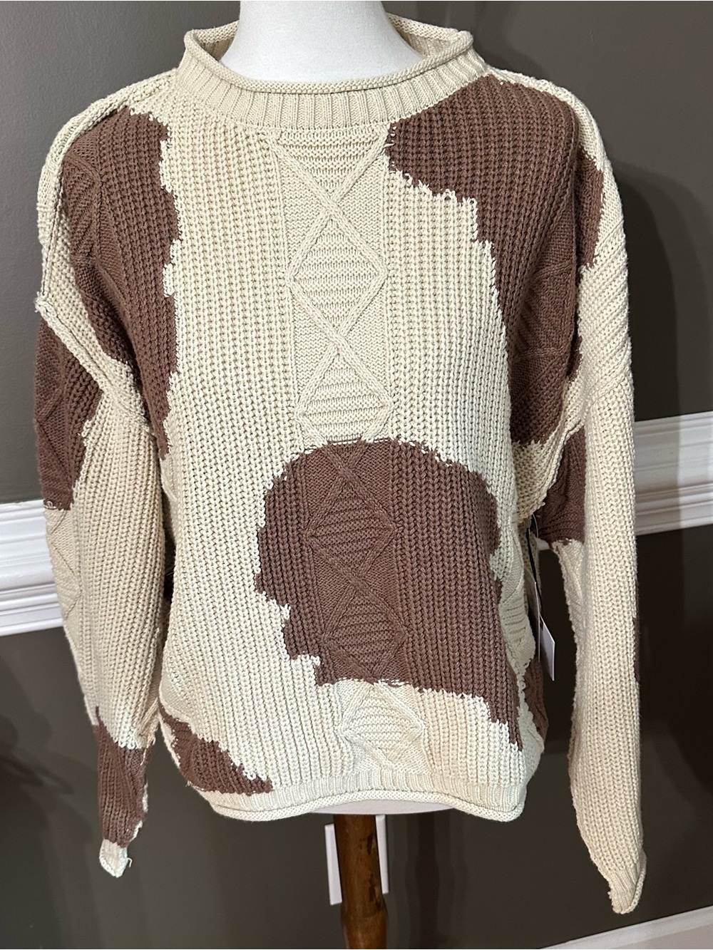 Brand new with tags! Originality Cream & Brown Cow Patterned Crewneck Sweater